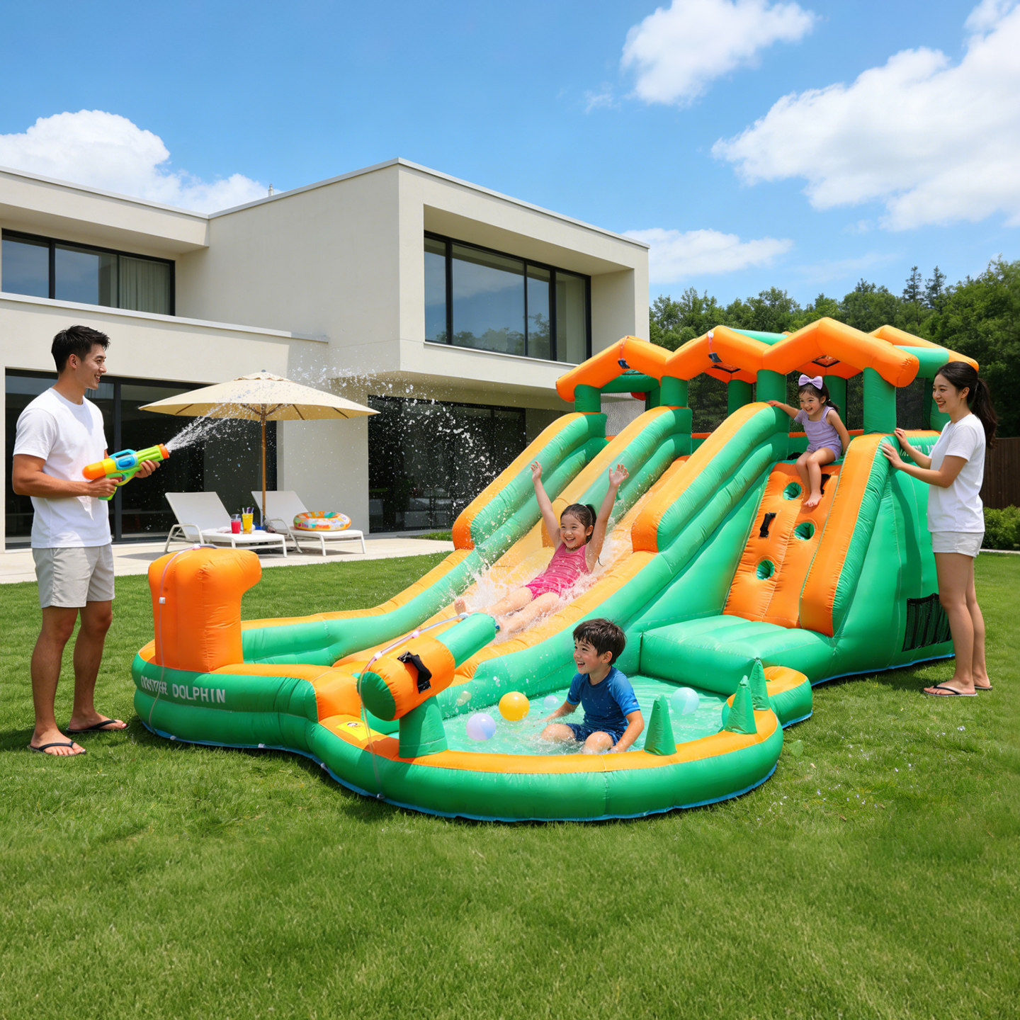 博士豚双滑梯喷水充气城堡室内外儿童蹦蹦床攀岩墙球池淘气堡玩具