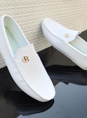 白色豆豆鞋男真皮春季男鞋青年懒人白色男士休闲皮鞋韩版潮流透气