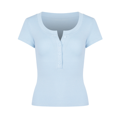 【Aliu自制】半开U领四粒扣短袖纯色正肩T恤女新款修身显瘦短款