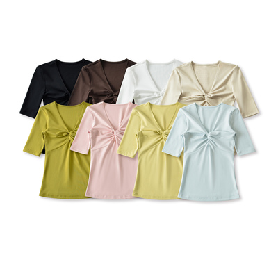 【Aliu自制】莱赛尔扭结V领五分袖T恤女韩系收腰显瘦休闲百搭上衣