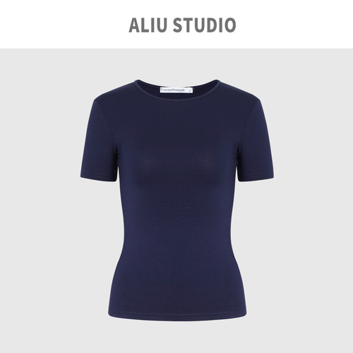 Aliu Studio裸感面膜欧美性感收腰基础正肩T恤修身短袖女夏紧451