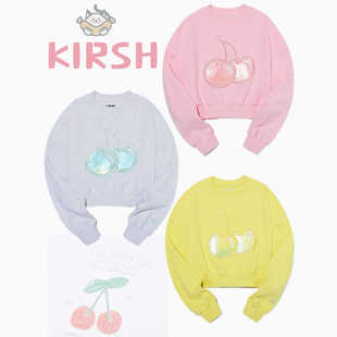 正品现货韩国KIRSH大樱桃印花图案短款圆领套头长袖卫衣