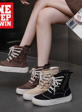W28216春秋款帆布女鞋时尚国潮风休闲百搭显瘦显高厚底高帮马丁靴