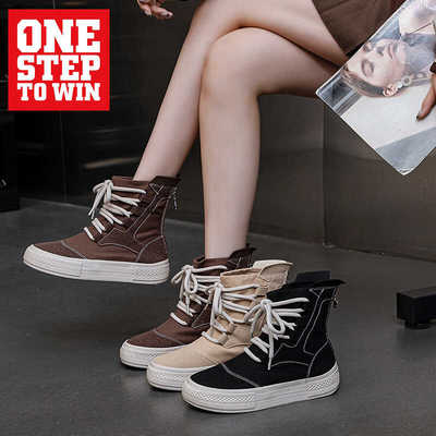 W28216春秋款帆布女鞋时尚国潮风休闲百搭显瘦显高厚底高帮马丁靴