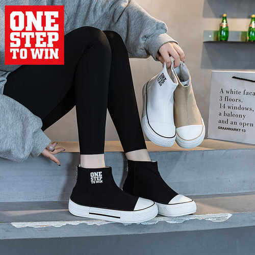 W28218春秋高端中帮袜子鞋休闲百搭帆布鞋经典拉链一脚蹬平底舒适