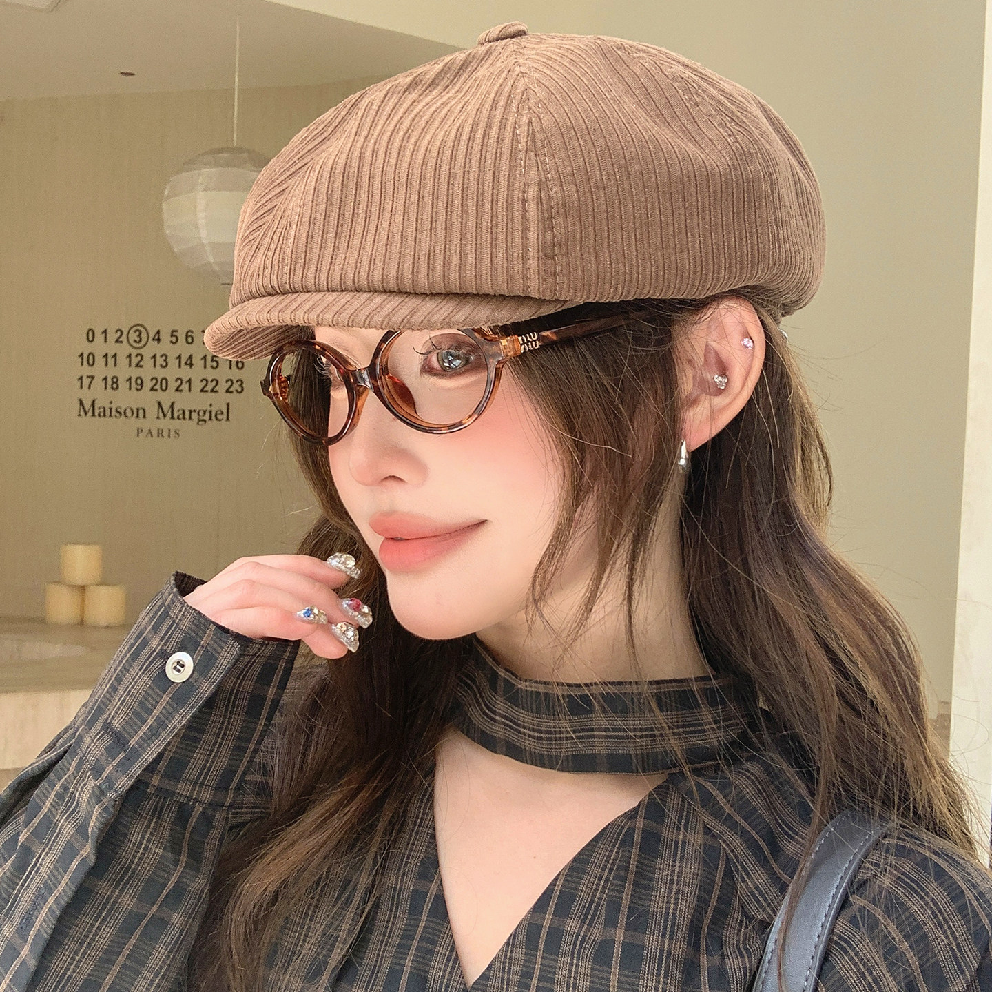 韩版复古灯芯绒女显脸小报童帽