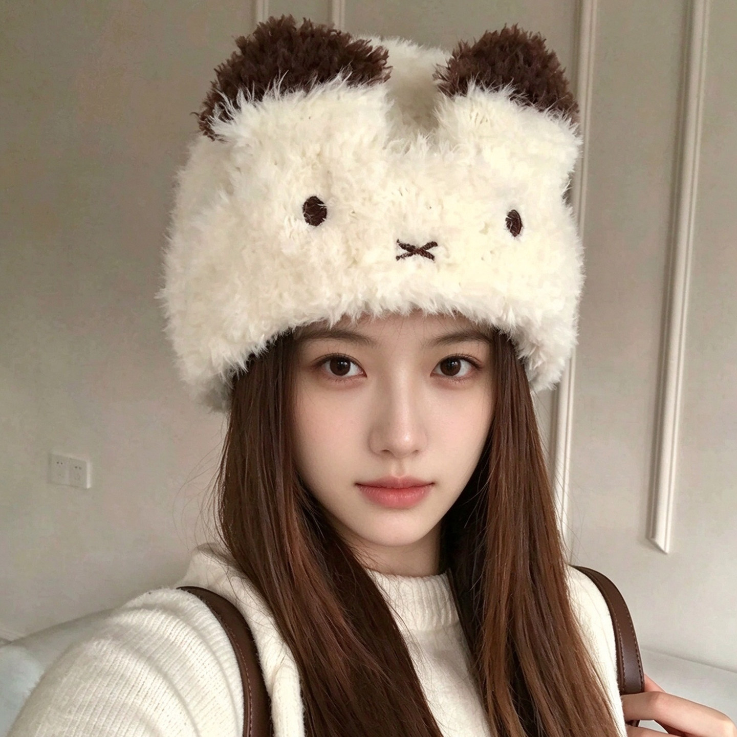 可爱毛绒兔耳针织帽女秋冬保暖