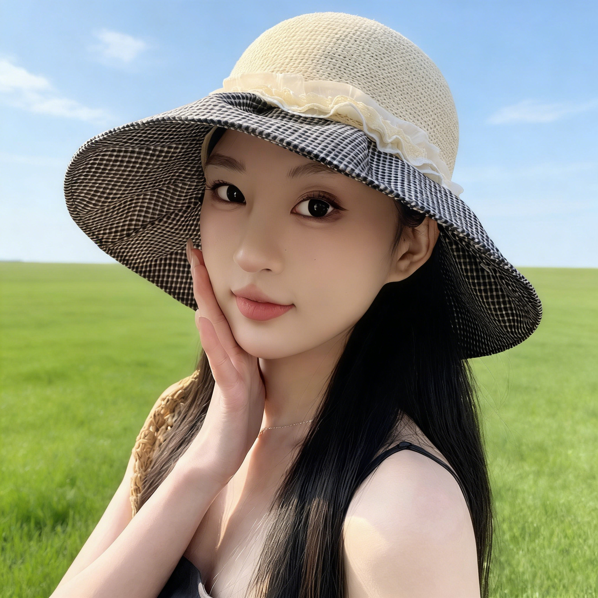 格纹蝴蝶结大檐渔夫帽女UPF50+