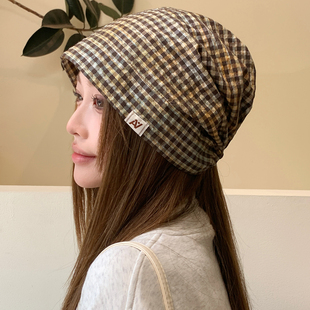 显脸小系带薄款 韩版 透气包头帽 新款 街头复古格纹堆堆帽子女春夏季