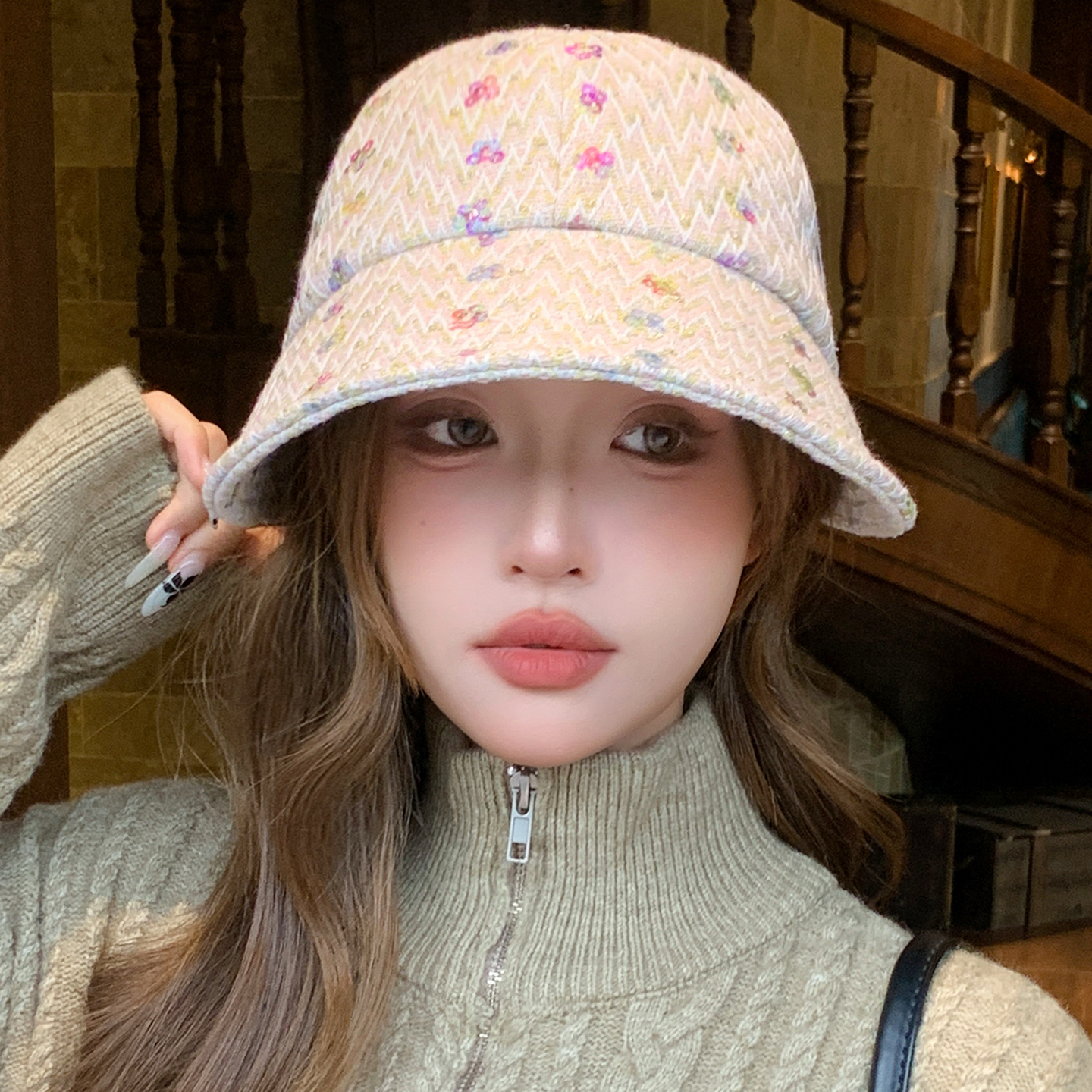 韩系甜美可爱彩色印花宽檐显脸小渔夫帽子女春秋季时尚百搭水桶帽