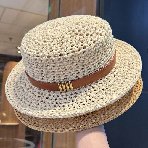 法式老钱风镂空编织平顶防晒草帽