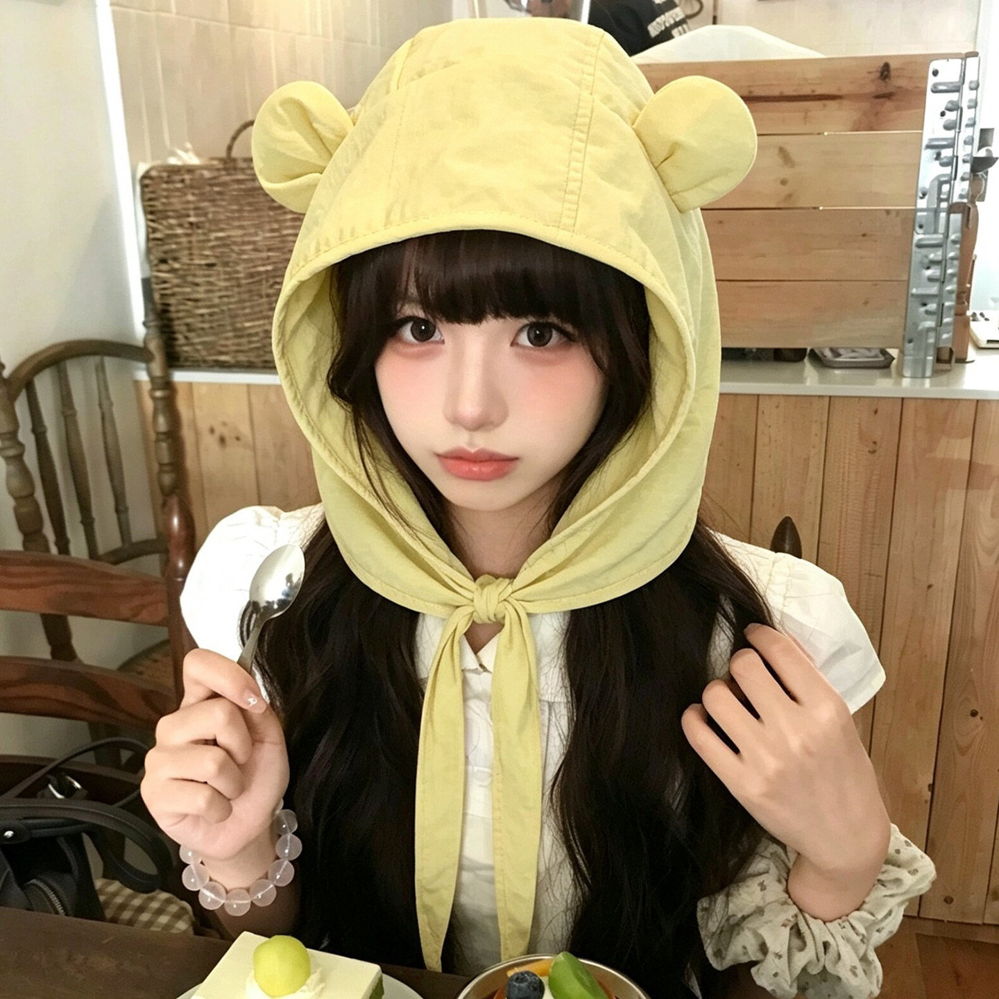 小熊宽檐防晒显脸小绑带帽女款