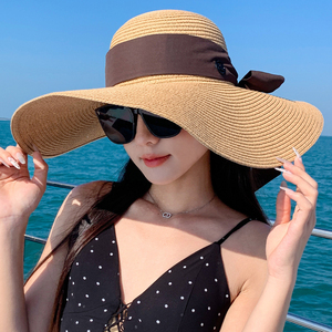 大檐草编帽子女款夏季新款度假风遮阳帽防晒帽沙滩海边显脸小草帽