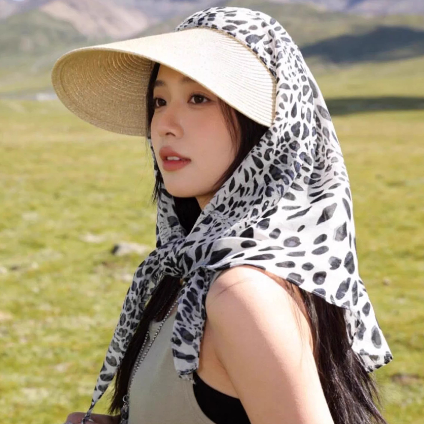 护颈一体款檐帽子女款春夏季防晒帽可折叠遮阳帽头巾帽户外采茶帽