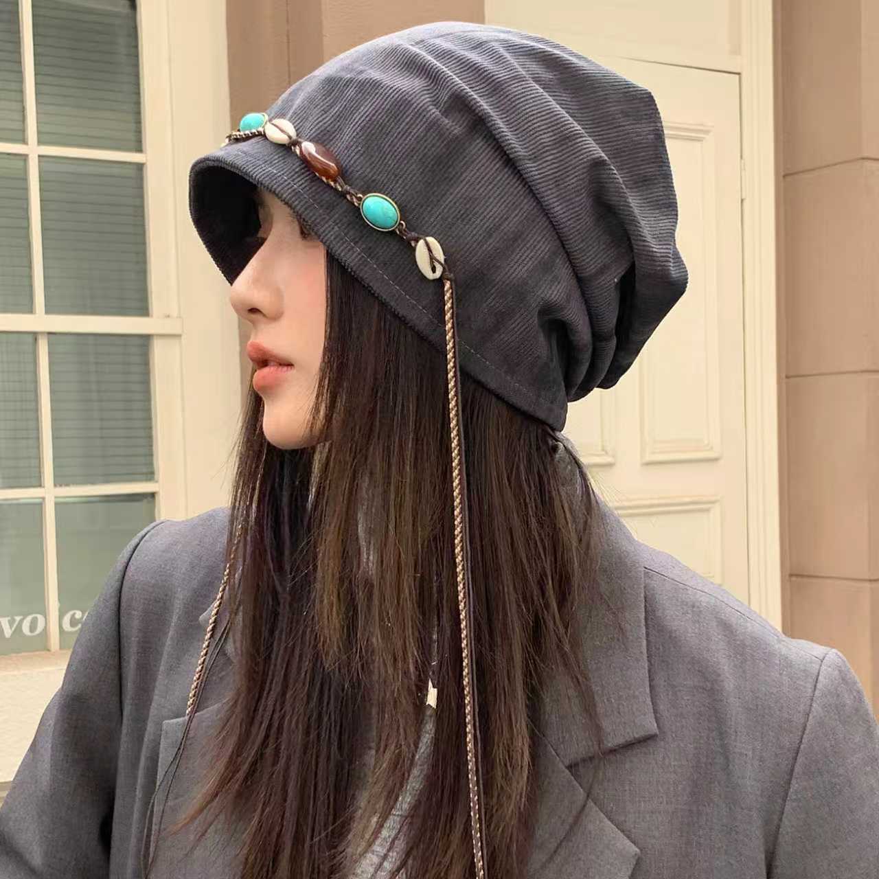 复古串珠流苏包头帽子女春秋季新款透气百搭显脸小民族风堆堆帽潮