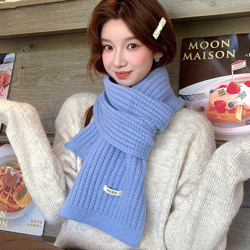 蓝色围巾女韩版简约百搭氛围感2025秋冬季新款防寒保暖学院风围脖