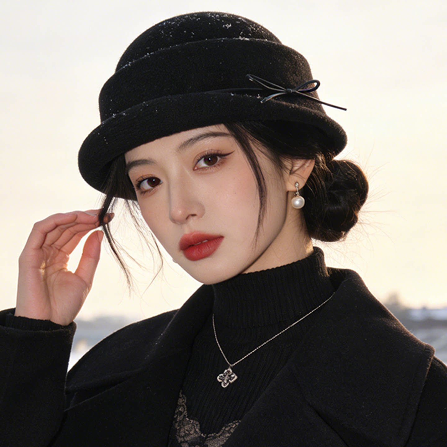 赫本风羊毛呢渔夫帽子女2026冬季新款保暖千金气质优雅黑色礼帽