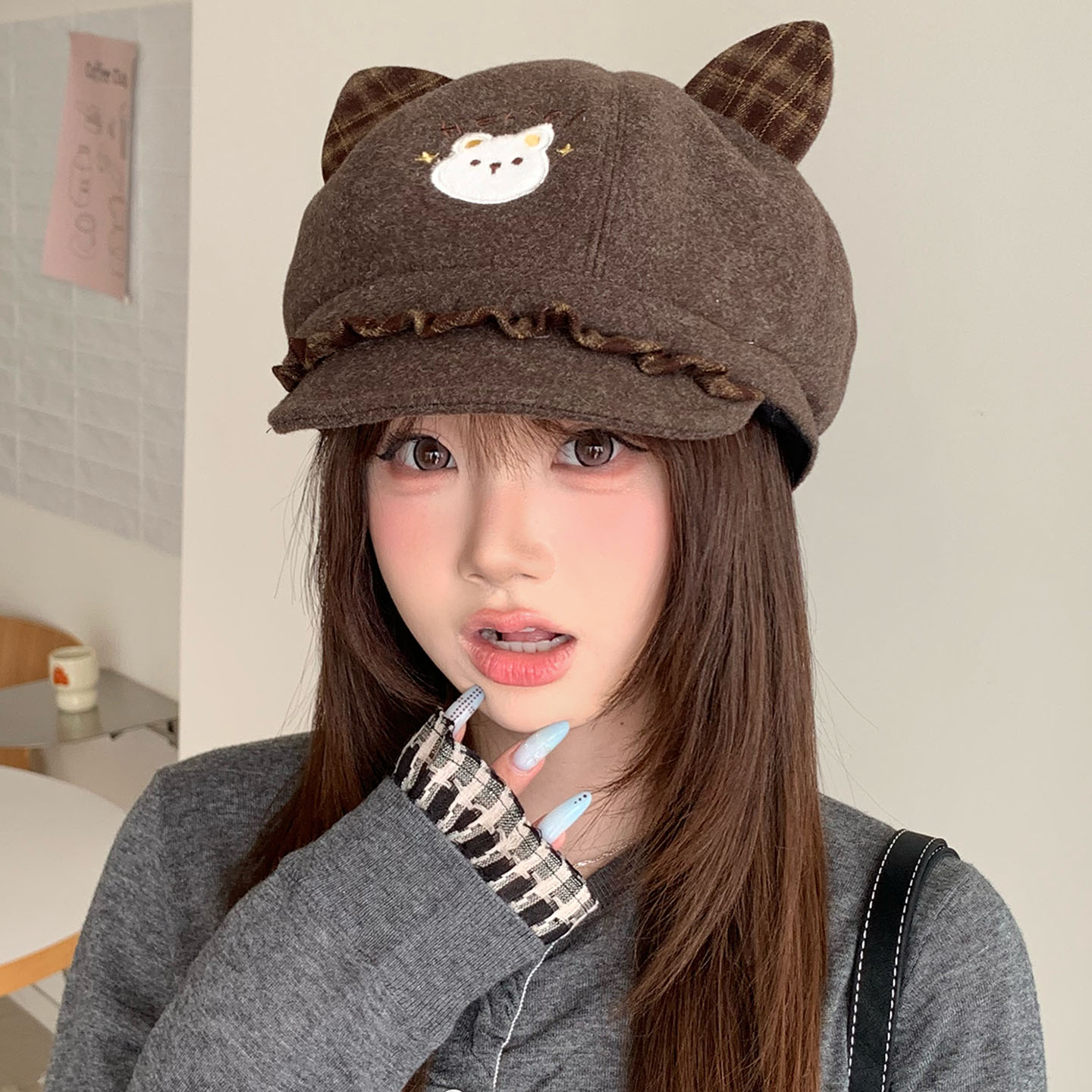 日系猫耳宽檐保暖八角帽女显脸小