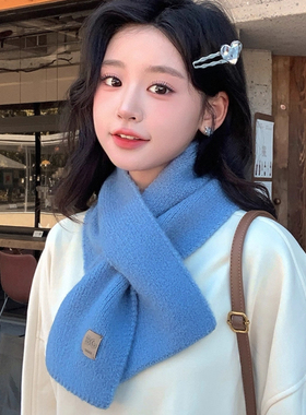 2025新款蓝色针织围巾女韩版简约百搭秋冬季保暖防寒学院风围脖潮