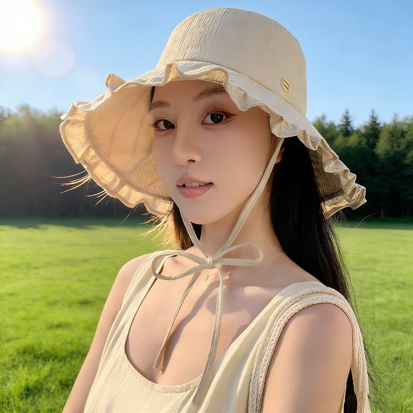 花边系带渔夫帽女大檐防晒显脸小