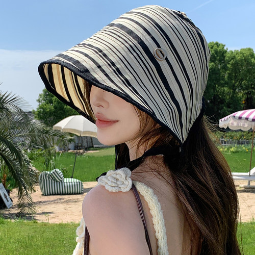 夏季大檐条纹渔夫帽女防晒显脸小