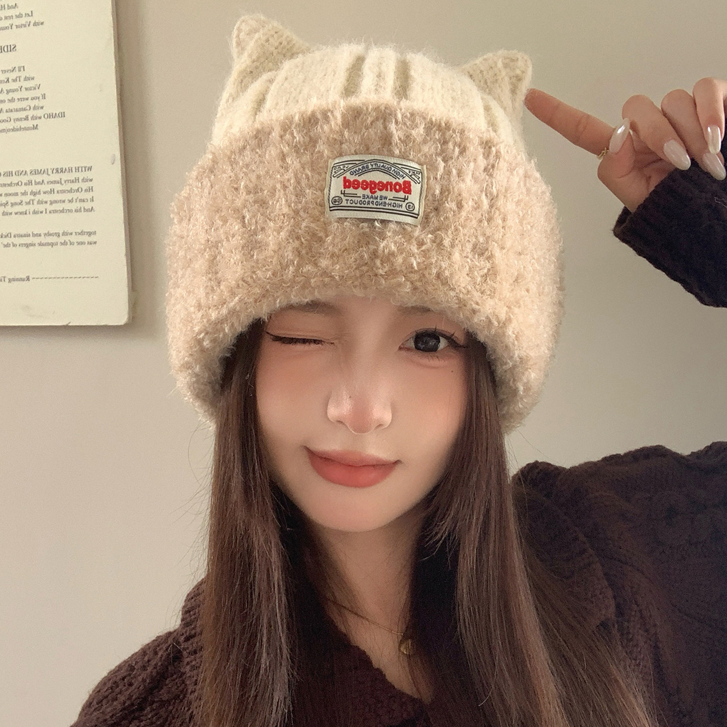 日系猫耳护耳保暖针织帽女款