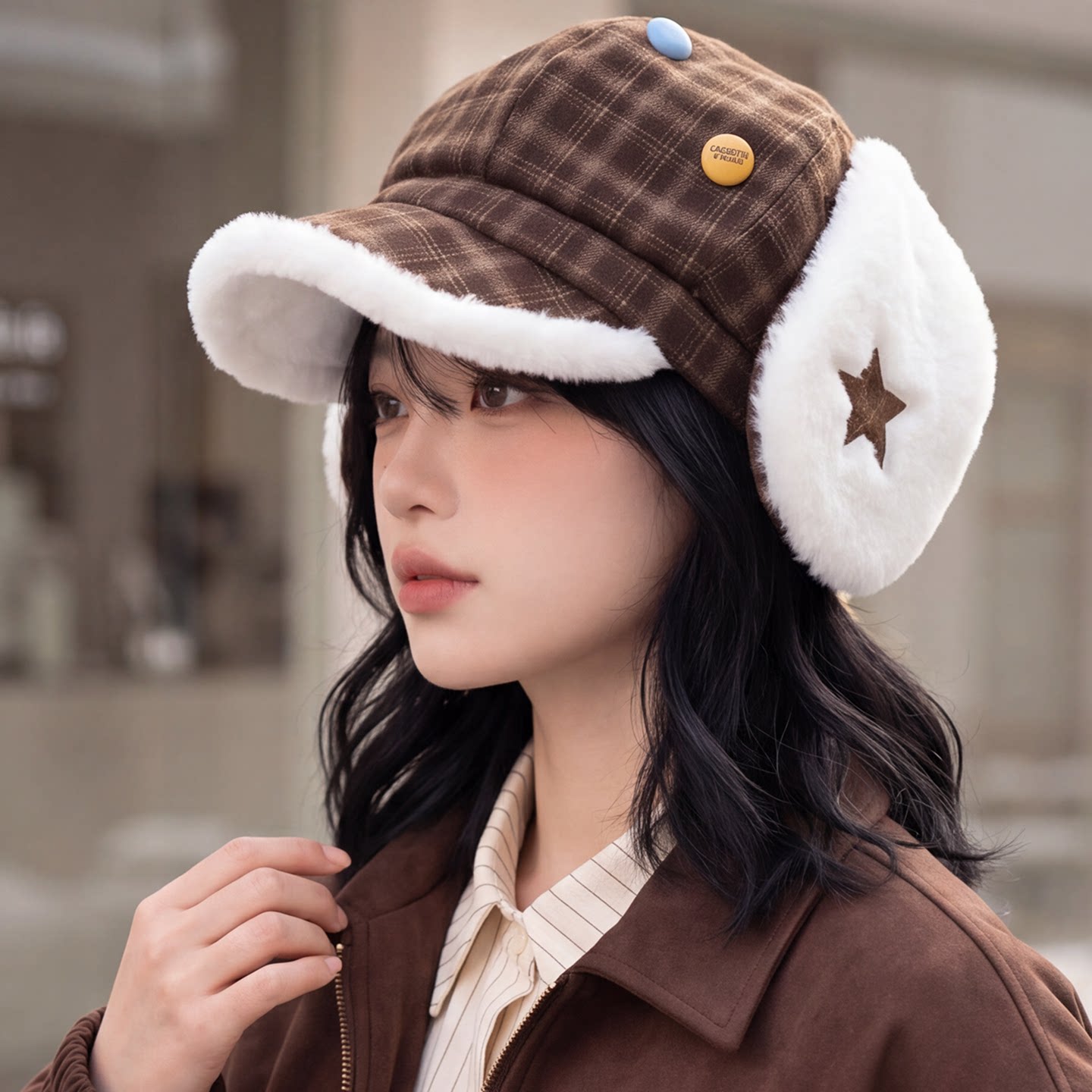 秋季女款格纹护耳显脸小八角帽