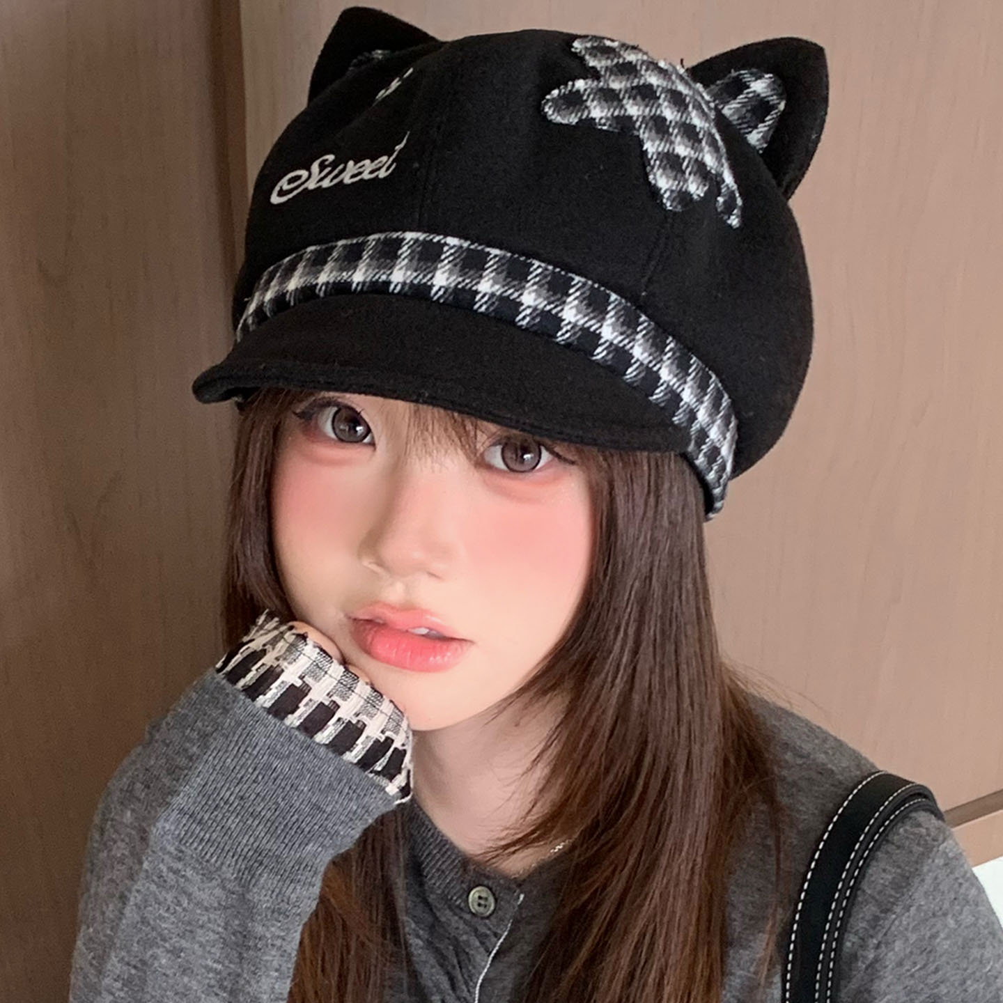 可爱猫耳显脸小八角贝雷帽女款