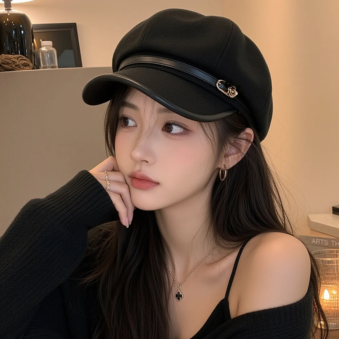 日系秋冬宽檐显脸小八角贝雷帽女