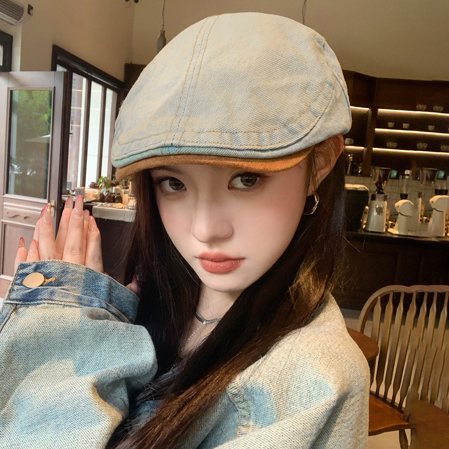 日系复古牛仔显脸小女款报童帽