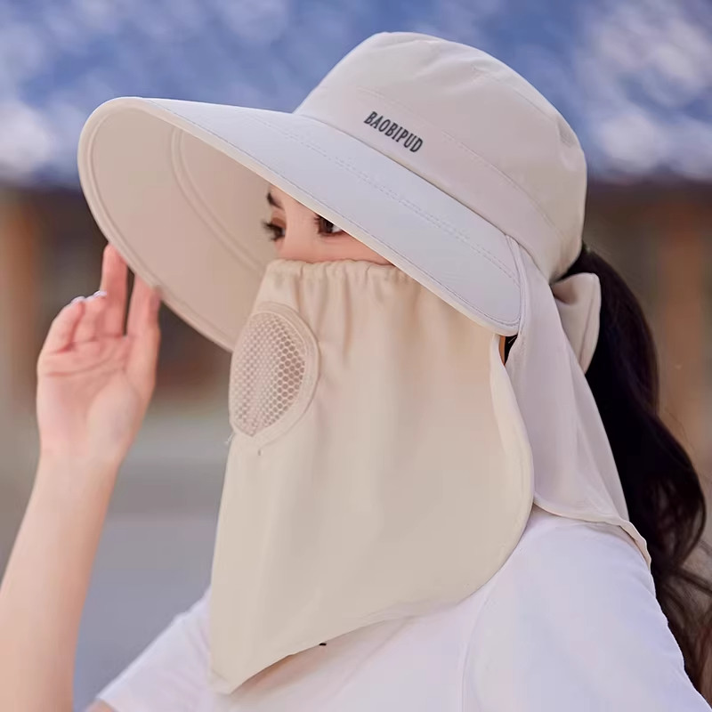 夏季大帽檐防晒帽子女遮脸防紫外线面罩护颈一体防晒渔夫帽采茶帽