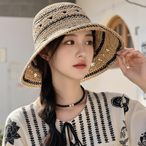 大檐格纹镂空编织帽子女夏季新款透气遮阳帽防晒帽沙滩度假风草帽