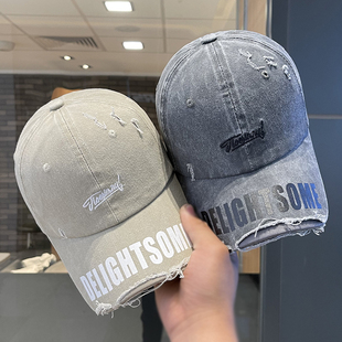 复古水洗破洞牛仔棒球帽子女2026新款春季大头围宽檐防晒鸭舌帽男