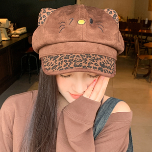 可爱猫耳豹纹帽子女款宽檐显脸小八角帽时尚百搭画家帽鸭舌贝雷帽