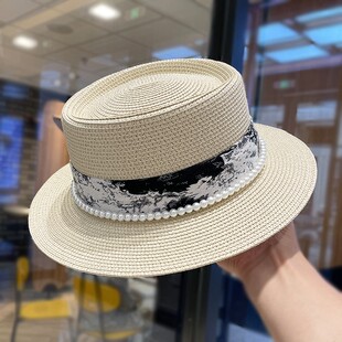 国风复古草编遮阳防晒平顶帽子女夏季 百搭草帽潮 大檐户外遮脸时尚