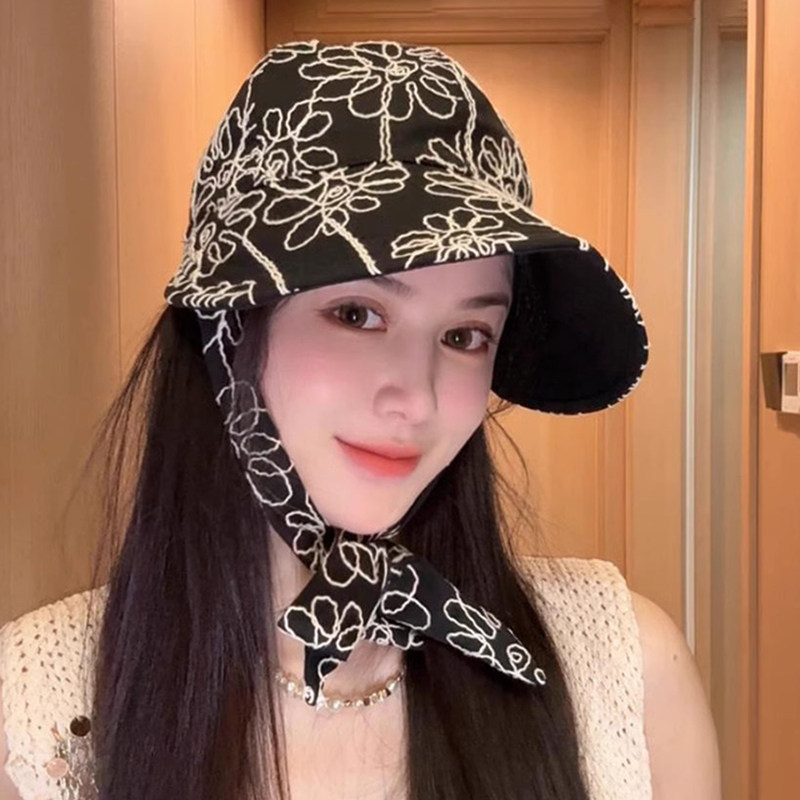 花朵刺绣绑带鸭舌帽子女夏季新款遮阳防晒帽正反可戴大帽檐显脸小