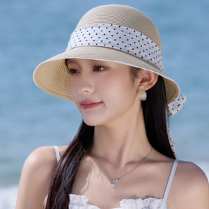 优雅蝴蝶结绑带草编帽子女款夏季新款遮阳帽防晒帽沙滩度假风草帽