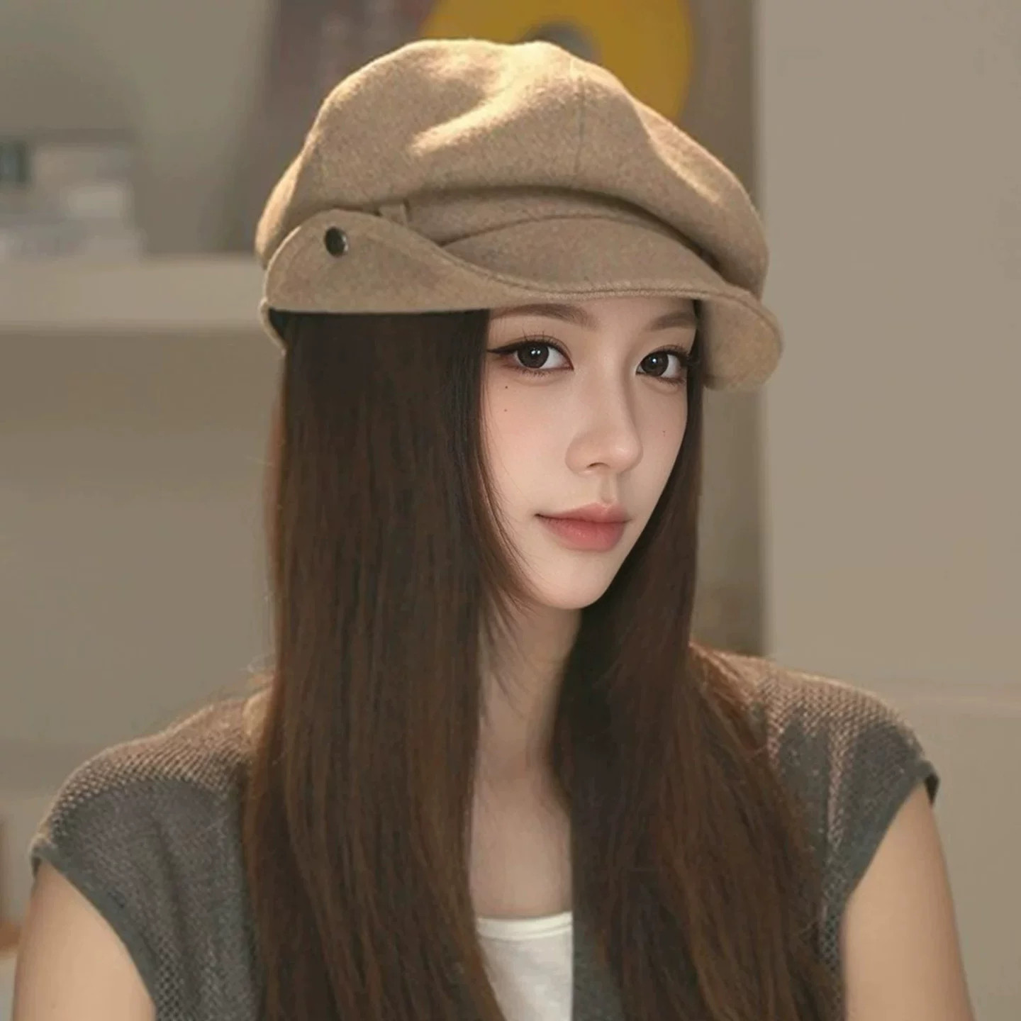 英伦秋冬宽檐显脸小八角帽女