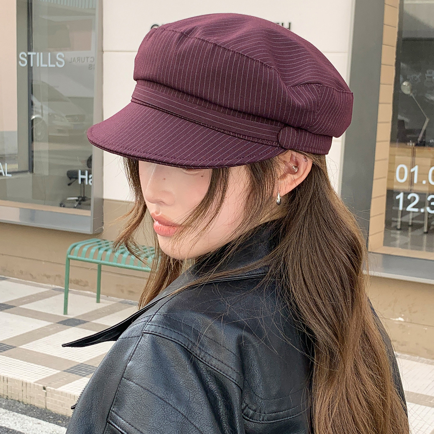 复古条纹宽檐显脸小报童帽女款