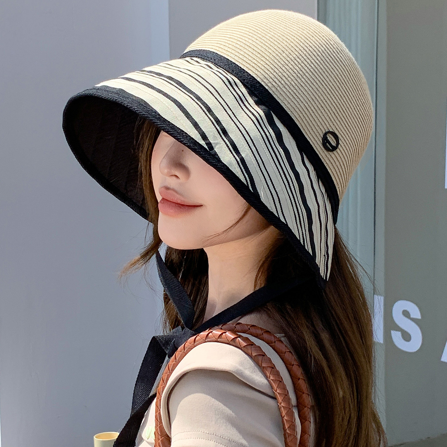 拼色条纹宽檐帽子女款2026新款春夏季遮阳帽透气户外防晒帽渔夫帽
