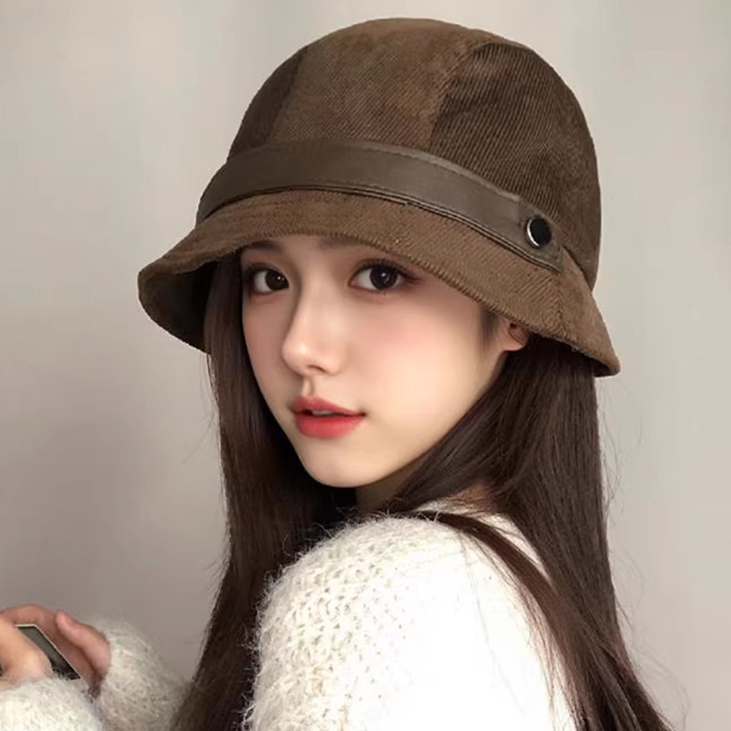 日系复古灯芯绒渔夫帽子女士秋冬2025新款高级感大头围百搭贝雷帽