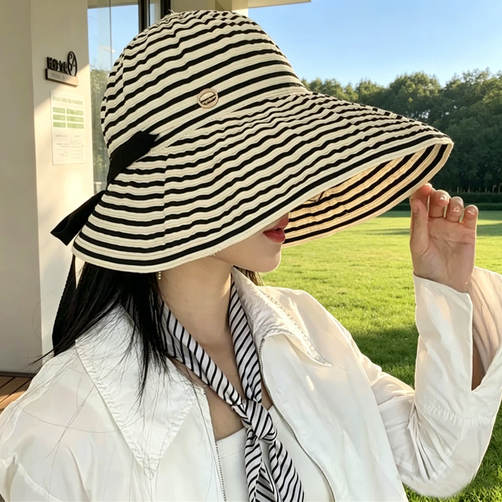 日系条纹绑带大檐帽子女款夏季新款户外遮阳帽防晒帽度假风渔夫帽