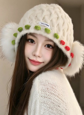 秋冬女毛绒护耳保暖显脸小针织帽