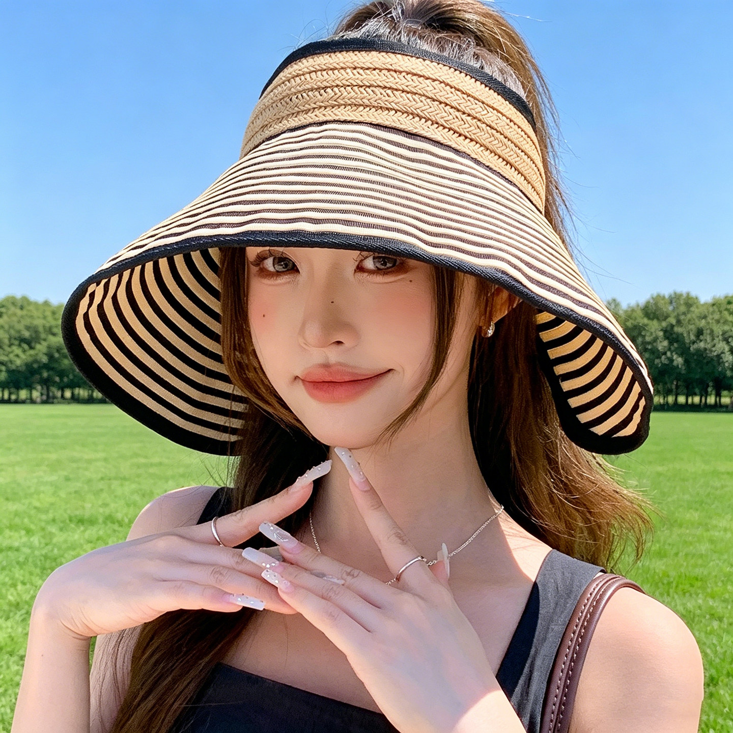 夏季草编大檐防晒空顶帽显脸小