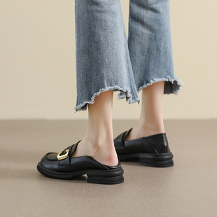 3334单鞋 黑色小皮鞋 女鞋 英伦小码 女2025新款 真皮软底一脚蹬乐福鞋