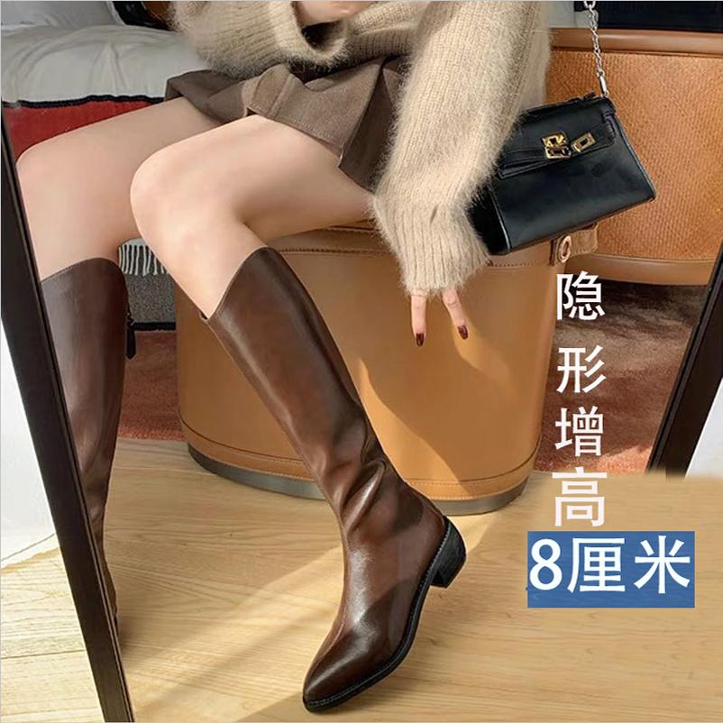 头层牛皮骑士靴女尖头长筒靴V口