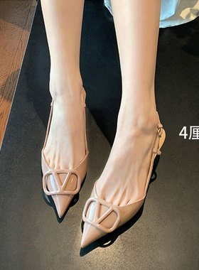 裸色法式尖头V扣细跟高跟鞋女2026年新款夏季单鞋后空包头凉鞋女