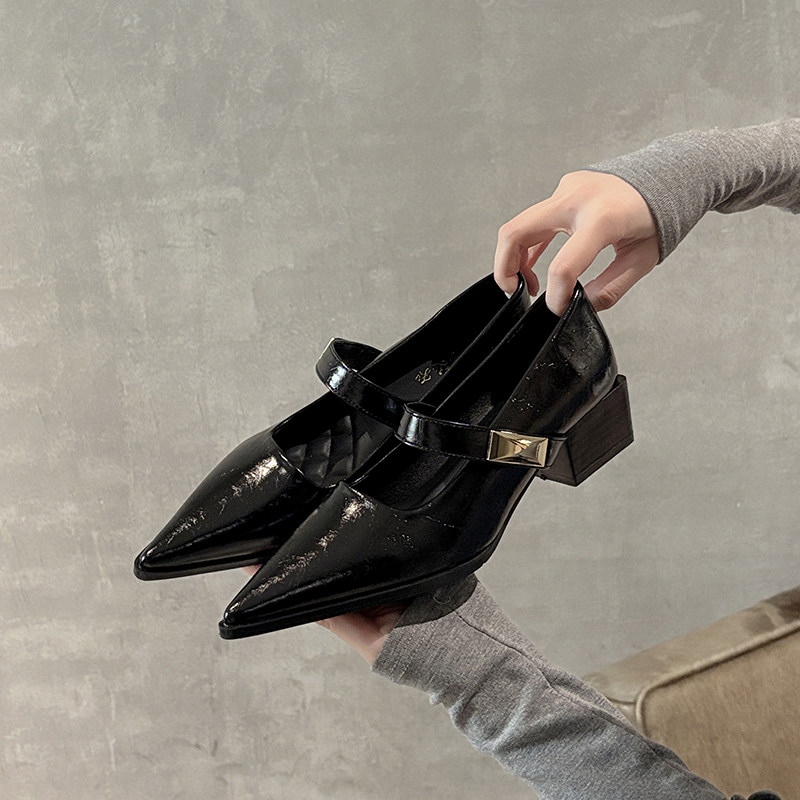 羊皮版~复古浅口高跟鞋女不累脚一字扣粗跟单鞋尖头气质玛丽珍鞋