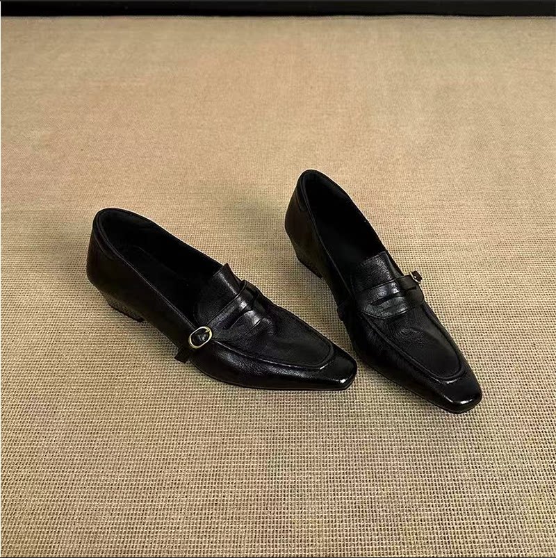 羊皮版~复古方头粗跟乐福鞋女通勤鞋气质一脚蹬单鞋皮带扣小皮鞋