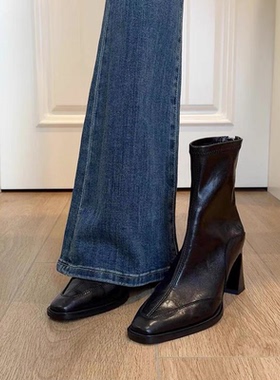 羊皮版～韩版高跟方头瘦瘦靴短靴女粗跟复古马丁靴英伦风短筒单靴